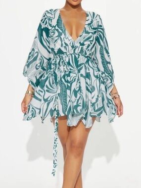 Teal and White Tropical Mini Dress with Tie waist